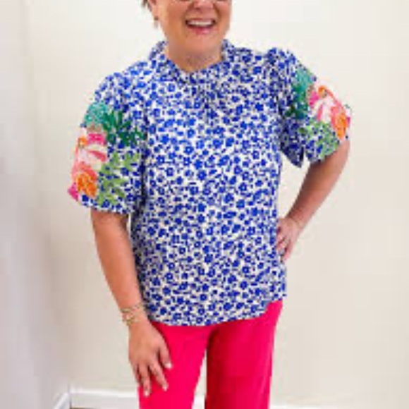 THML Tops - THML Blue Floral Blouse with Multicolor Sleeves